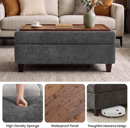GENTEACO 45" Storage Ottoman Bench with Reversible Wooden Tray Top, Large Chenille Upholstered Ottoman Coffee Table with Hidden Storage, Foot Rest Bench for Living Room, Bedroom, Entryway,Dark Gray