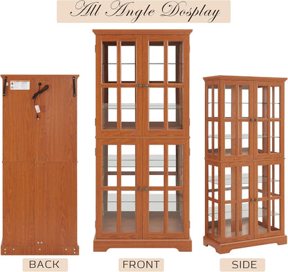69" Lighted Display Cabinet with 4 Glass Doors, Tall Elegant Bookcase with Adjustable Shelves, Light Bulb Included, Wooden Storage Organizer Cabinet for Collectibles, Living Room (Dark Oak)