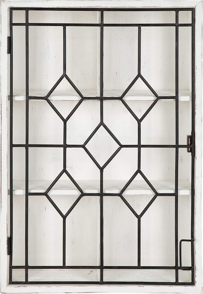 Kate and Laurel Megara Decorative Wooden Wall Hanging Curio Cabinet for Open Storage with Decorative Black Iron Door, Whitewash Finish