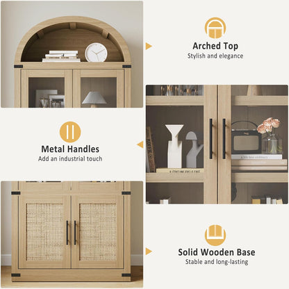 Kitchen Pantry Cabinet, Arched Bookcase with Doors, Wooden Display Cabinet with Storage Shelves, Farmhouse Bookcase for Living Room, Kitchen, Dining Room & Office