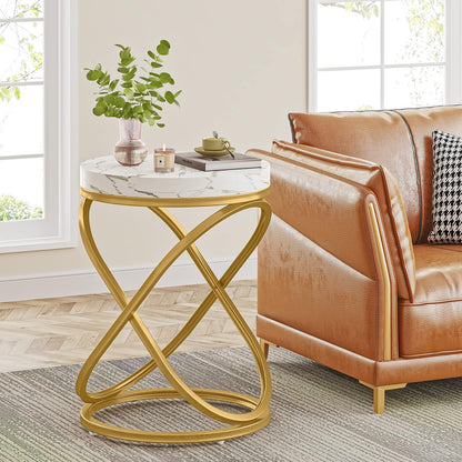 Tribesigns Round End Table with Engineered Wood Tabletop, 26 Inches Round Side Tables Living Room with Double X-Shaped Metal Ring-Cross Legs, Faux Marble Veneer Nightstands for Livingroom Bedroom (1)