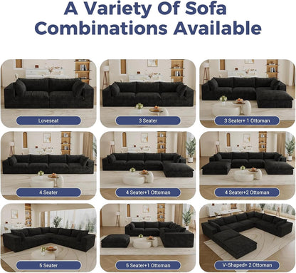 157.6" Oversized Cloud Sofa with 2 Ottomans, Modern Corduroy U Shaped Modular Sectional Couch, Deep Seat Floor Furniture Set, No Assembly Required (4 Seater+2 Ottoman)