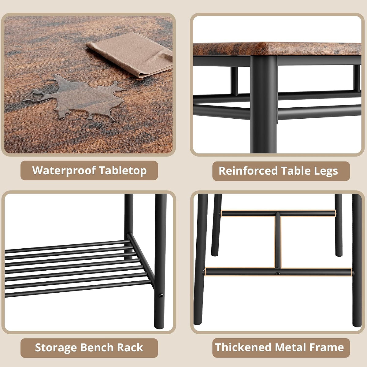 IRONCK Dining Table Set for 4, Kitchen Table and Chairs Set, Rustic Brown | Kitchen Table with Upholstered Bench and 2 Chairs for Small Space, Apartment