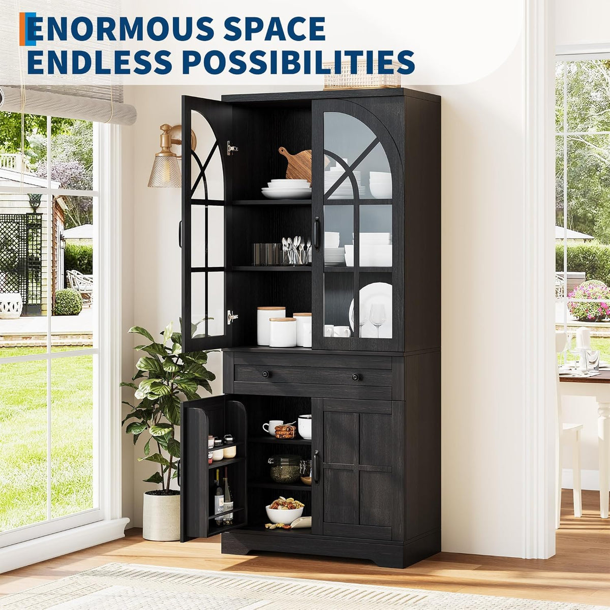 IDEALHOUSE 71.9" Tall Storage Cabinet with 30mm Thickened Board, Tempered Glass Doors & Anti-Tipping Kit, Pantry Storage Cabinet for Kitchen, Dining Room, Living Room