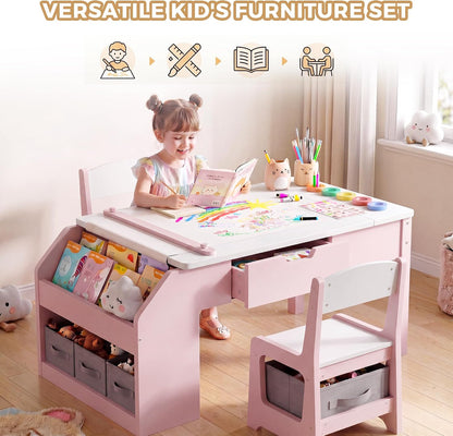 5-in-1 Kids Art Table and Chairs Set, Convertible Toddler Table and Chair Set with Art Easel, Paper Roll Holder, Storage Drawers and Craft Play Desk, Wooden Activity Learning Table for Kids, Pink