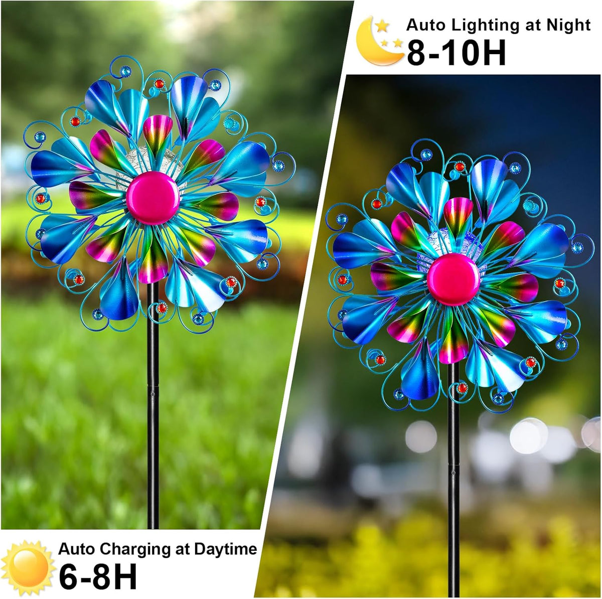 60'' Wind Spinner with Color Glass Ball Solar Lights, Blue Peacock Feathers Metal Garden Outdoor Decor Yard Lawn Art Decor for Patio Kinetic Windmills Unique Gifts for Friends and Family