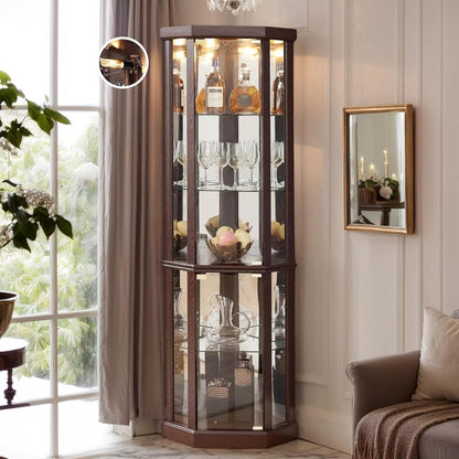 70" H Lighted Corner Curio Cabinet, Glass Display Cage with Tempered Glass Doors and 5 Adjustable Shelves, Wine Cabinet Storage Rack for Bar and Liquor Storage (Dark Cherry)