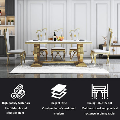 5 Pcs Dining Table Set, Kitchen and Dining Room Table Set for 4, 68" Rectangular White Faux Marble Dining Table with O-Shaped Gold Stainless Steel Base & Velvet Upholstered Beige Chairs