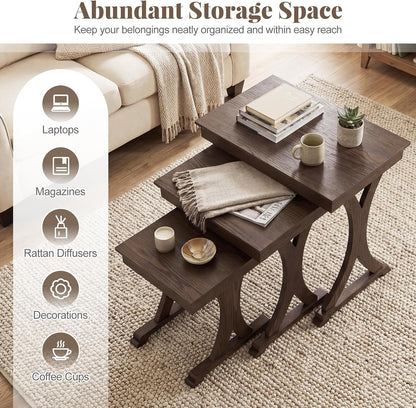 GIANTEX Nesting Coffee Table Set-of-3 - Stackable Rectangular Sofa End Side Table w/Solid Rubber Wood Legs, Vintage Farmhouse Night Stand for Bedroom Living Room Home Office Small Spaces