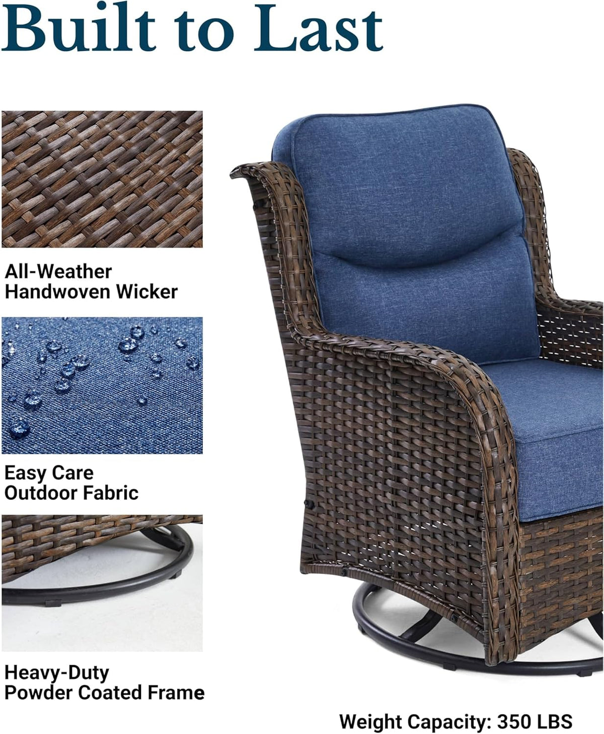 HILLGA Luxury Outdoor Swivel Rocker Patio Chairs of 2 with 6 Inch Thick Cushions and Side Table, Swivel Outdoor Chairs 3PCS High Back Wicker Patio Furniture Set for Porch, Balcony, Deck in Blue