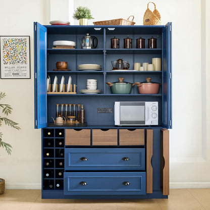 Virubi Farmhouse 71" Kitchen Pantry Cabinet with Power Outlet & USB Ports, 53.2" L Deep Storage, 4 Adjustable Shelves, 12 Wine Racks, 5 Drawers & Serving Trays, Foldable Doors, Anti-Tip Design (Blue)