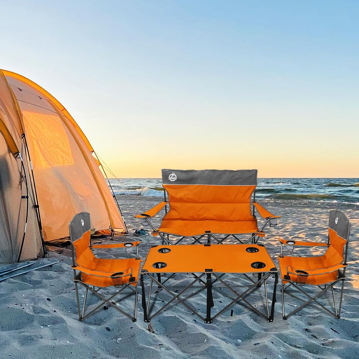 Northroad Folding Camping Chair Set of 4, Portable Collapsible Conversation Set w/1 Sofa, 2 Single Chairs, 1 Table for Family Patio, Outdoor Travel, Beach(Orange)
