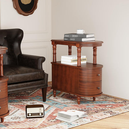 Narrow End Side Table With 2 Drawers and Storage Shelf, Slim Side Tables, Farmhouse Sofa Beside Table- for Small Spaces, Living Room Telephone Tables, Tools-free Assembly, Caramel Brown BG-A508-MG