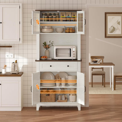72" Pantry Cabinet with Storage Drawers 2 Glass Doors, Farmhouse Kitchen Hutch, Farmhouse Kitchen Hutch with Storage Drawers for Living Room, Dining Room,