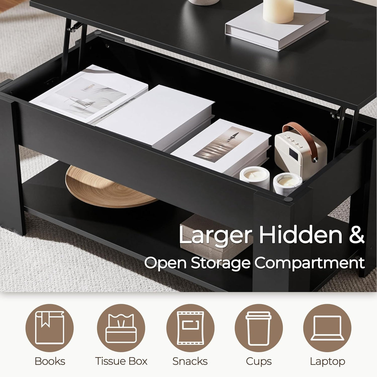 Yaheetech Wooden Coffee Table, Lift Top Coffee Table with Large Hidden Storage Shelf, Lift Tabletop Dining Tables for Living Room, Home Small Space, 38.6in, Black