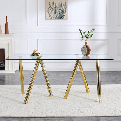 71" Glass Gold Dining Table for 6-8, Modern Dining Room Table with 0.39" Tempered Glass Top and 6 Metal Round Tube Legs, Rectangle Kitchen Dinner Table for Dining Room