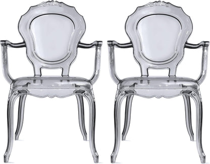 2xhome Stackable Ghost Dining Chair | Transparent Vanity Armchair | Louis Belle Style Kitchen Patio Chair Parent (2, Smoke, Armchair)