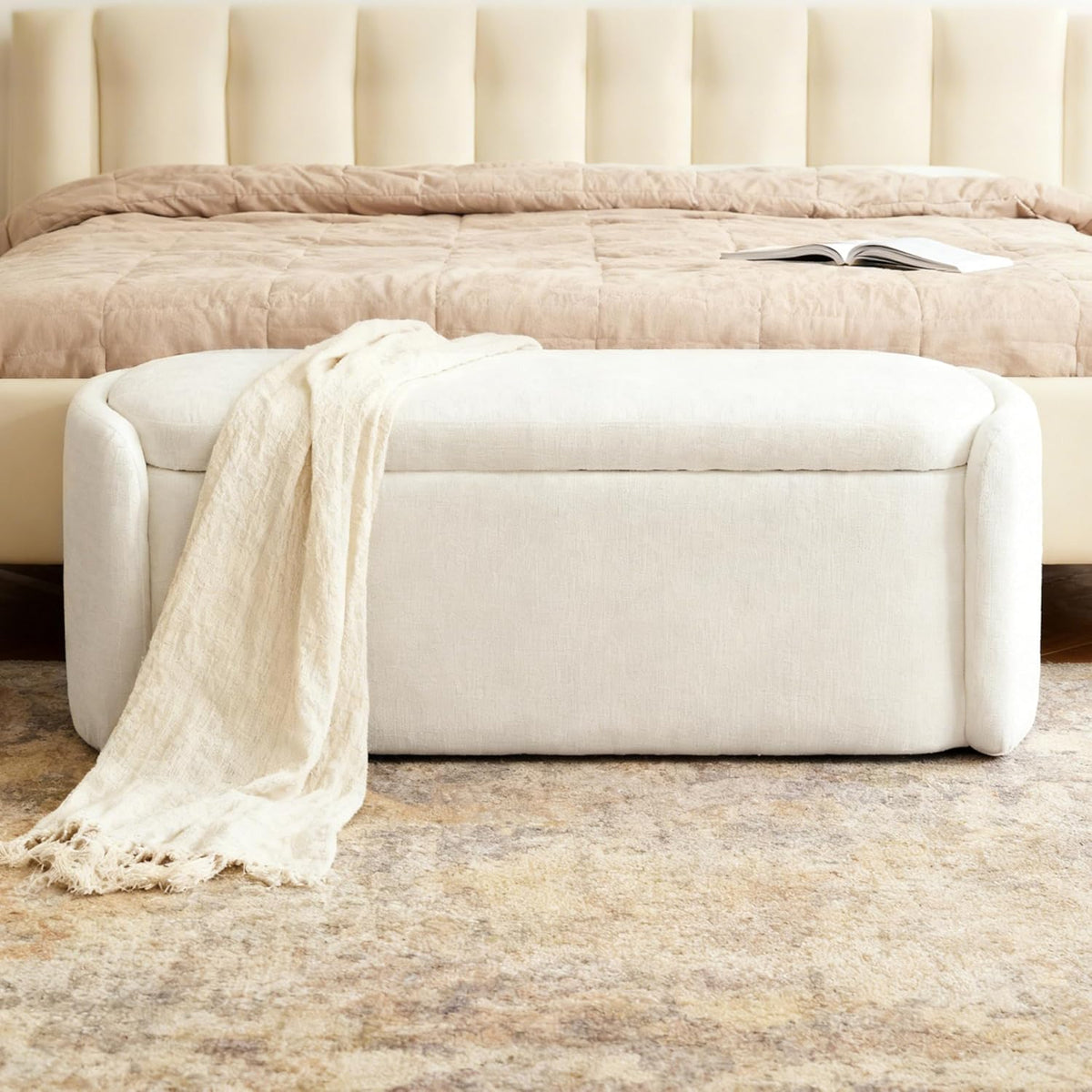 VKNOW Storage Bench, Upholstered Storage Ottoman Bench with Hinge, Cream | Ottoman Bench with Large Capacity, Curved Frame, Soft Fabric, Storage Bench for Bedroom, Living Room, Entryway