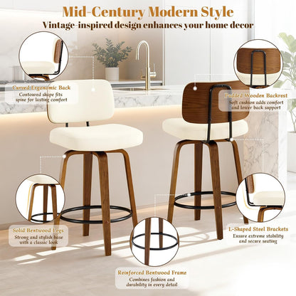 Counter Height Bar Stools Set of 3, 26+inch Swivel Faux Leather Barstool with Back, Upholstered Mid-Century Modern Bar Chairs with Bent Wood Legs for Kitchen Counter, Dining Room, Cream White