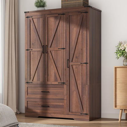 Hlivelood 3 Doors Wardrobe Armoire Closet with Doors and Drawers, Farmhouse Wooden Armoire Storage Cabinet with Shelves & Hanging Rod for Bedroom, Brown