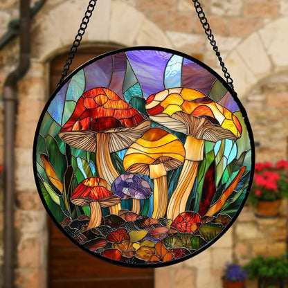 Stained Glass Window Hanging, Jungle Mushrooms Sun Catchers Diamond Glass Panel Hangings Plant Suncatcher Decor for Birthday for Women, Men, Wife, Aunt, and Mom 11.8x11.8 in