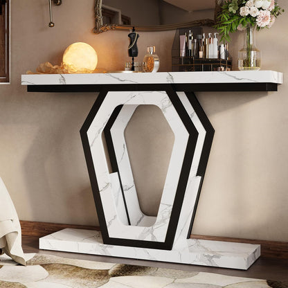 FUSUNBAO 47.3" Console Table,Openwork Bracket Sofa Table, Wood Narrow Entryway Table for Hallway, Behind The Couch, Living Room, Foyer, Easy Assembly（White Marble Texture）
