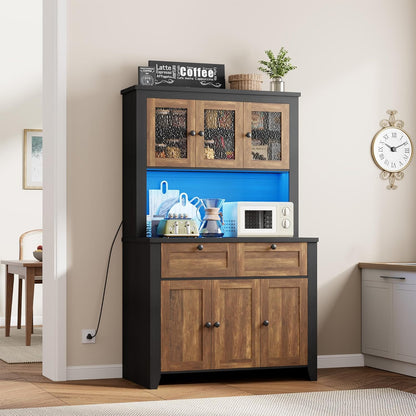 GarveeHome 66" Tall Pantry Cabinet with Power Outlet & LED Light, Kitchen Pantry Storage Cabinets with Countertop, Large Kitchen Hutch with Storage Drawers & Water Ripple Acrylic Panel Cabinet Door