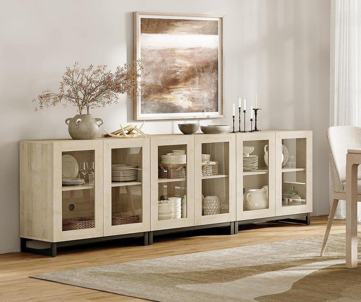 WAMPAT Sideboard Buffet Cabinets, Modern Credenza Sideboard with Adjustable Shelf and Metal Base, Coffee Bar Cabinet Accent Storage Cabinet for Living Room, Kitchen, Beige-A, 3 Pcs