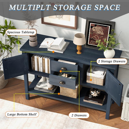 46'' Solid Wood Console Table Sideboard with 2 Drawers and Cabinets and Bottom Shelf, Retro Style Storage Dining Buffet Server Cabinet, for Living Room Kitchen Dining Room (Navy Blue-01)
