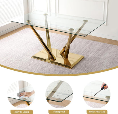 63'' Rectangular Glass Dining Table for 4-6, Luxury Kitchen Table with Tempered Glass and Aesthetic Gold Stainless Steel Base, Modern Dinner Table for Home, Apartment
