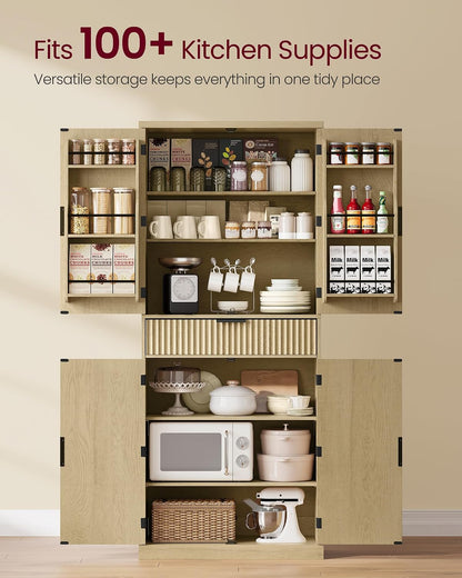VASAGLE MAXE Collection - Pantry Cabinet, 70.6-Inch Tall Storage Cabinet with Drawer, 6 Adjustable Shelves, 2 Cabinets, Fluted Doors, Mid Century Modern, for Kitchen Living Room, Oak Beige UBBK365Y01
