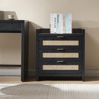 SICOTAS Nightstands Set of 2 : Rattan Tall Bedside Table with 3 Drawers | Farmhouse Boho Night Stand with Type-C Charging Station, Storage, Larger End Table Side Table for Bedroom Office
