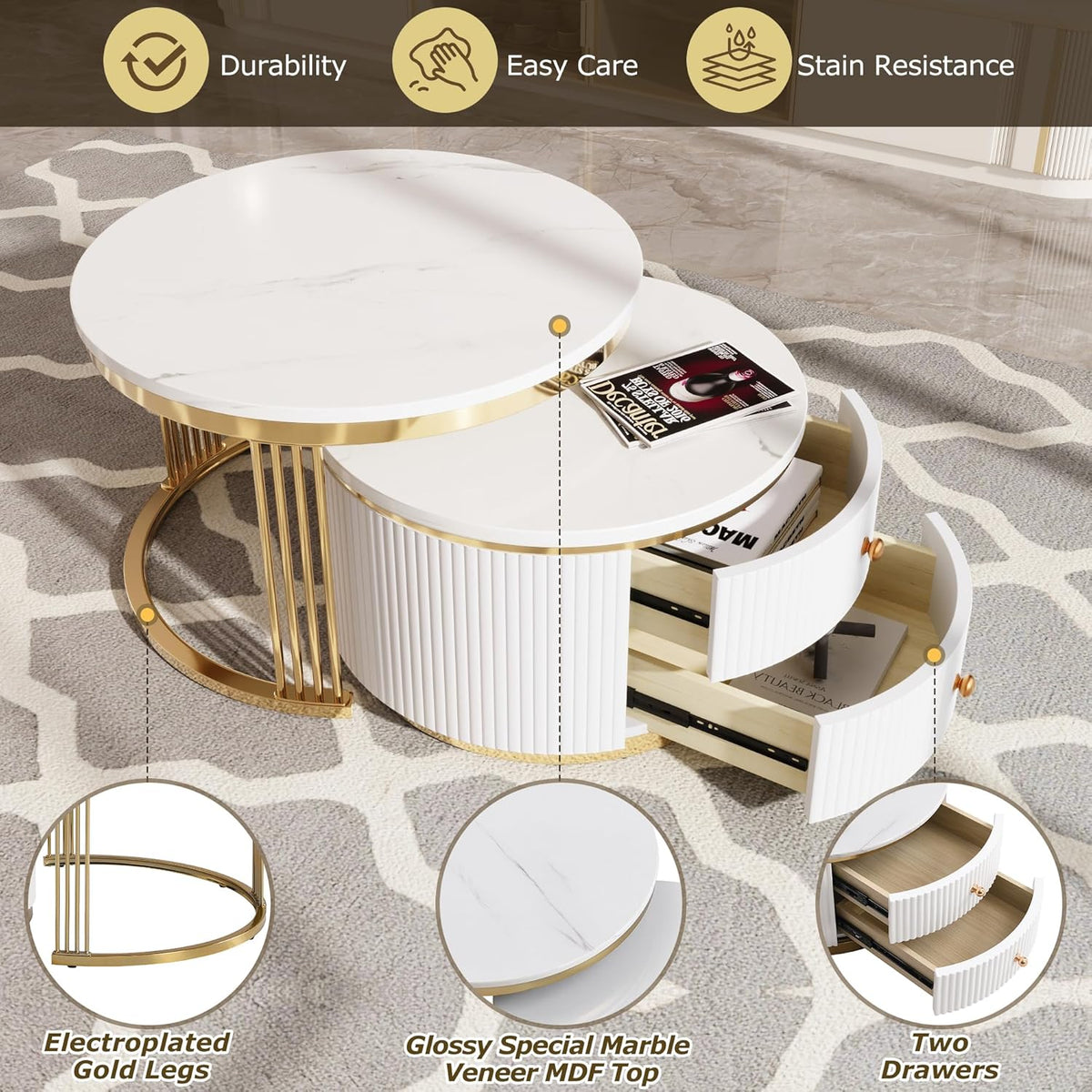 Modern 2 Pieces White Round Nesting Coffee Table with Drawers in 27.6''