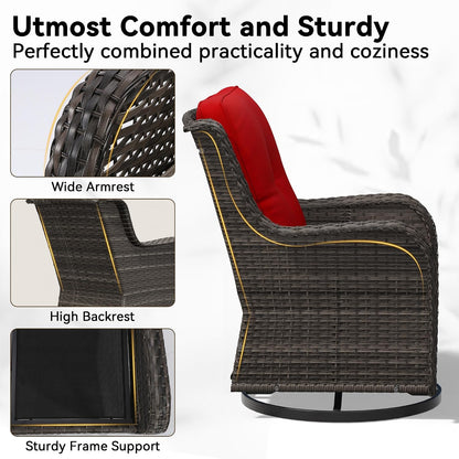 Outdoor Swivel Rocker Patio Chair - Outdoor Wicker Patio Furniture with Thickened Olefin Cushions, High Back and Deep Seating, Hand-Woven PE Rattan for Porch, Deck, Balcony, Red