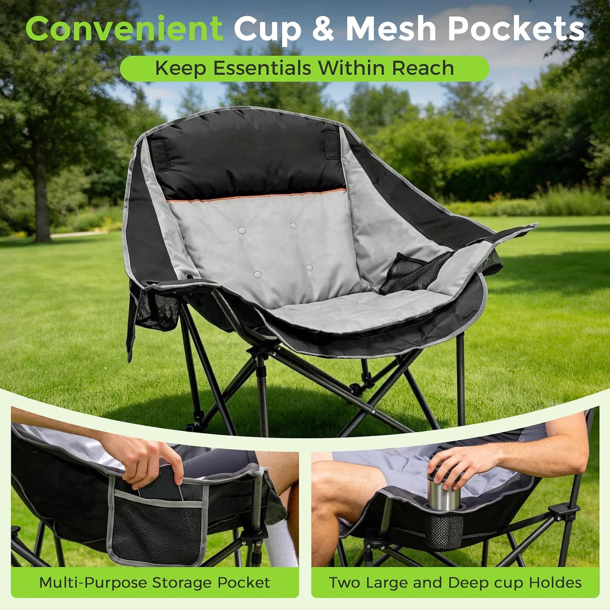 Suteck Oversized Camping Chairs for Adults - Heavy Duty Padded Camping Chair Folding Lawn XL Camp Chair with Cup Holders for Outdoor Sports Beach Fishing, Support to 500 lbs