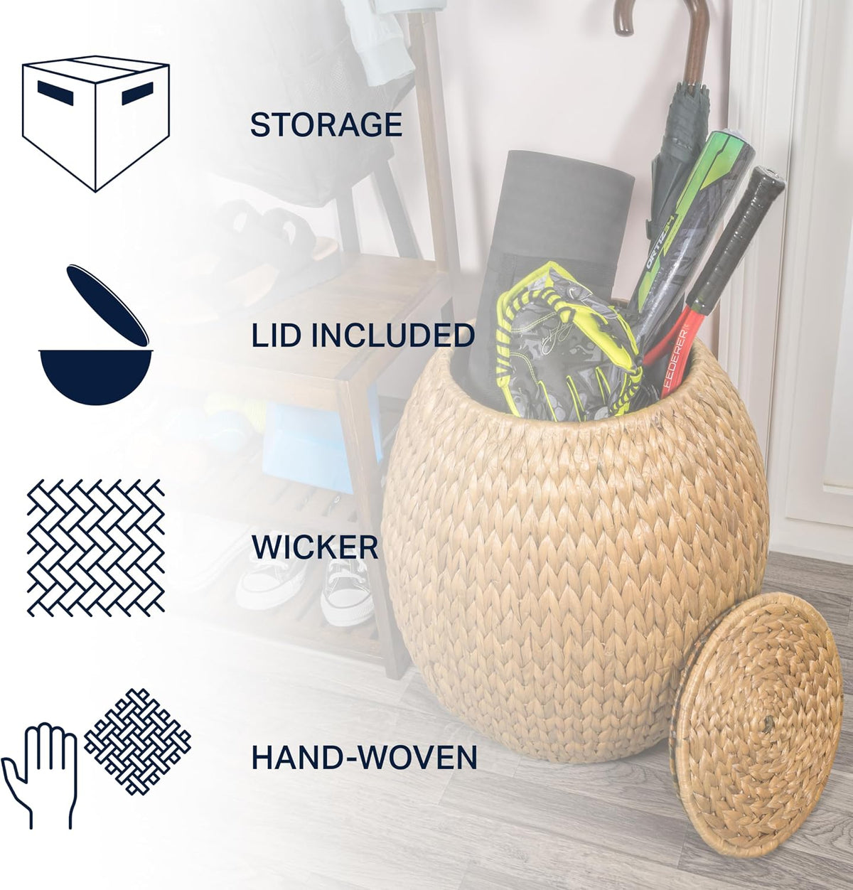 happimess SSL1000A Colt 17" Coastal Bohemian Handwoven Hyacinth Storage Stool with Lid for Storage and Decoration in Bedroom, Living Room, Kitchen, Dining Room, Entryway, Guestroom, Natural | Bohemian Rustic Wicker Basket, End Table For Living Room