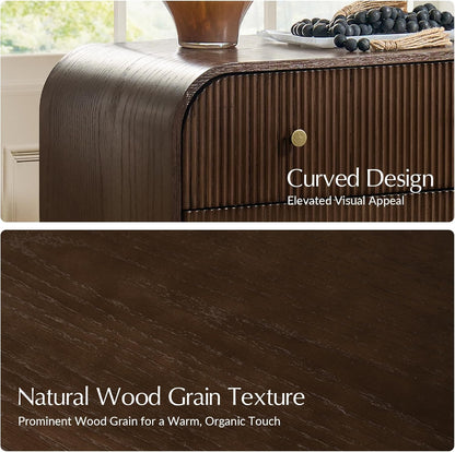 HULALA HOME Fluted Storage End Tables Set of 2 with Charging Station, Modern 3 Drawer Wood Side Tables with Solid Wood Legs, Large SideTables for Living Room Room, Easy Assembly, Walnut