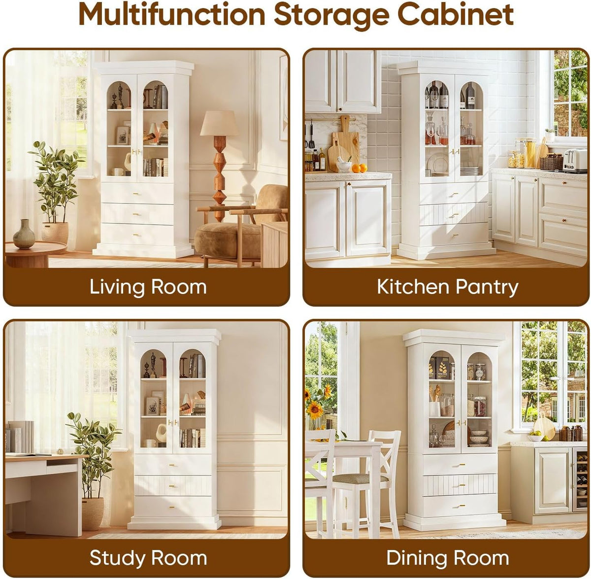 Vyre 71" Arched Kitchen Cabinet, Double Glass Door Display and Storage Cabinets with Drawers, Modern Pantry for Dining Room or Living Room, White with Gold Handles, 2 of Set