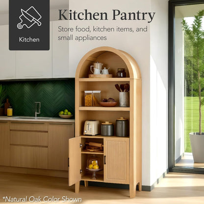 Best Choice Products 72" Tall Arched Pantry Cabinet w/Reeded Doors, 5-Tier Bookshelf, Armoire, Hutch, Bookcase, Storage Cabinet w/Adjustable Shelves, for Dining Room and Livingroom - Sage