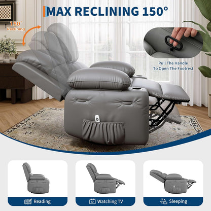 Garvee Oversized Swivel Rocker Recliner Chair - Heat and Massage, Leather Manual Recliner for Adults, Lazy Chair with Cup Holders, Comfort Arms and Back Single Sofa for Living Room