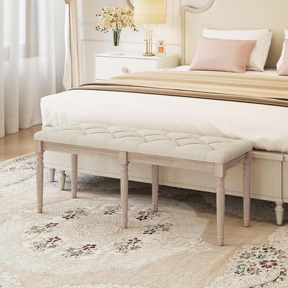 GOFLAME 47.5” Upholstered Bedroom Bench, French Tufted End of Bed Bench with Antiqued Legs, Rubber Wood Frame, Farmhouse Entryway Bench with Cushion, Dining Bench for Bedroom, Living Room, Hallway