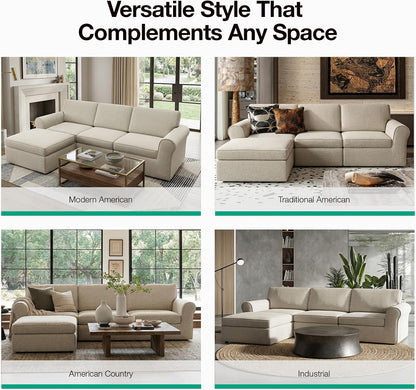 Novilla 108" Modular Sectional Sofa, Modular Sectional Couches for Living Room Bedroom, Chenille Removable Cover Cloud Couch with Smarts Coil® Support L-Shaped Couch(Beige, 3 Seater + 1 Ottoman)