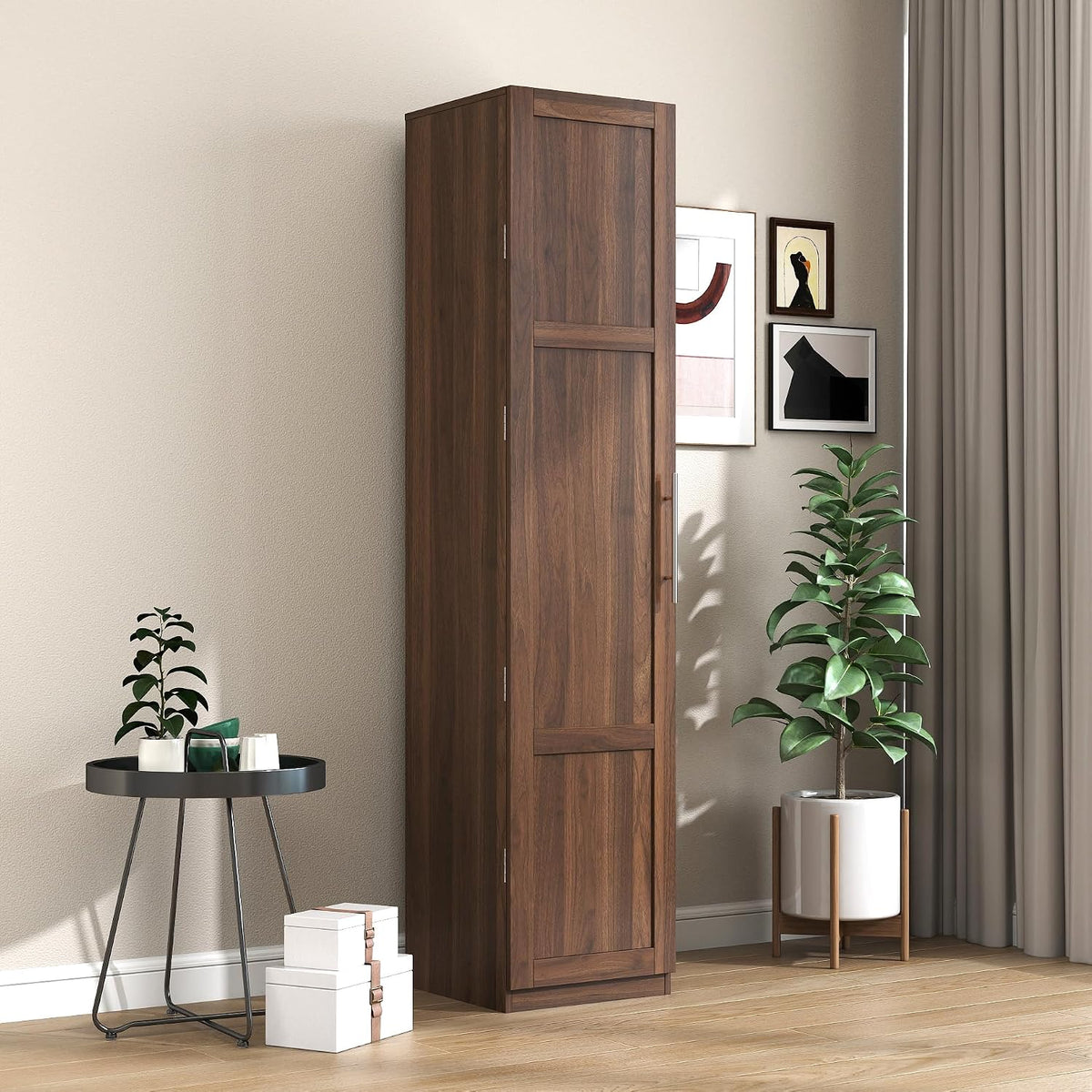 Mid Century Modern Kitchen Pantry Cabinet, 71" Tall Storage Cabinet with Door Racks & Multi-Tier Shelves, Rustic Wood Cupboard for Kitchen, Dining Room, Walnut