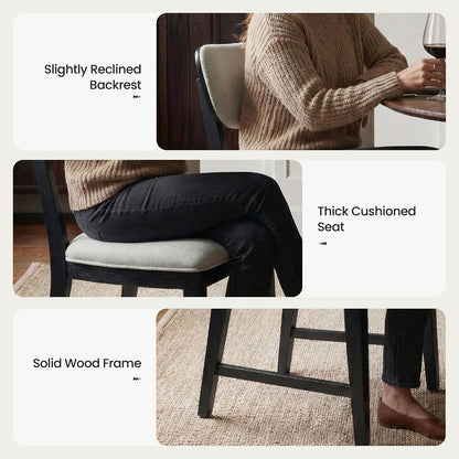 COLAMY Solid Wood Dining Chairs Set of 4, Mid Century Modern Upholstered Kitchen Chairs with 3.3" Thick Cushion, Farmhouse Dining Room Chairs with Level Legs & Wire-Brushed Finish, Black