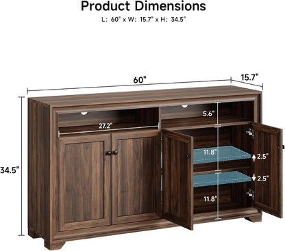 ONBRILL 60 Inches Sideboard Buffet Cabinet with Storage, 4 Doors Large Sideboard, Kitchen Cabinet with Open Shelf & Adjustable Shelf, Kitchen Coffee Bar Console Table for Living Room, Hallway, Brown