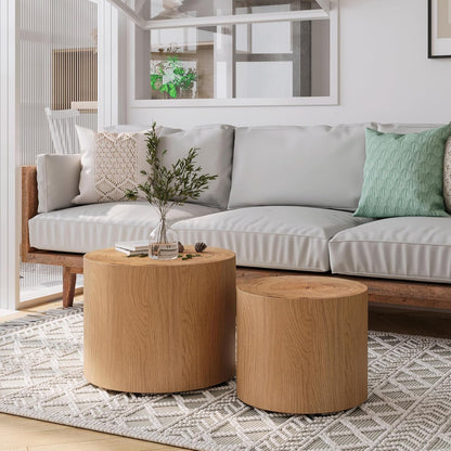 Nesting Coffee Table Set of 2, Modern Round Coffee Table, Wooden Circle Accent Tables for Small Spaces Living Room Bedroom Balcony Office Drum Side Table, Natural Wood