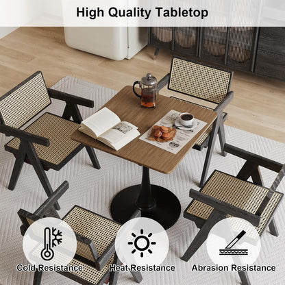 Walnut Square Tulip Table for 2, 24 Inch Small Dining Table with Metal Pedestal Base for Kitchen, Mid-Century Modern Table with Round Corners for Living Room, Cafe and Home Office