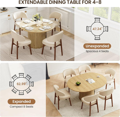 MALOL 47"-63" Extendable Round to Oval Dining Table Chairs Set for 4-8, Modern Wooden Kitchen Table and Chairs with Hidden Storage and Fluted Design for Dining Room/Small Space(Natural Wood and Brown)