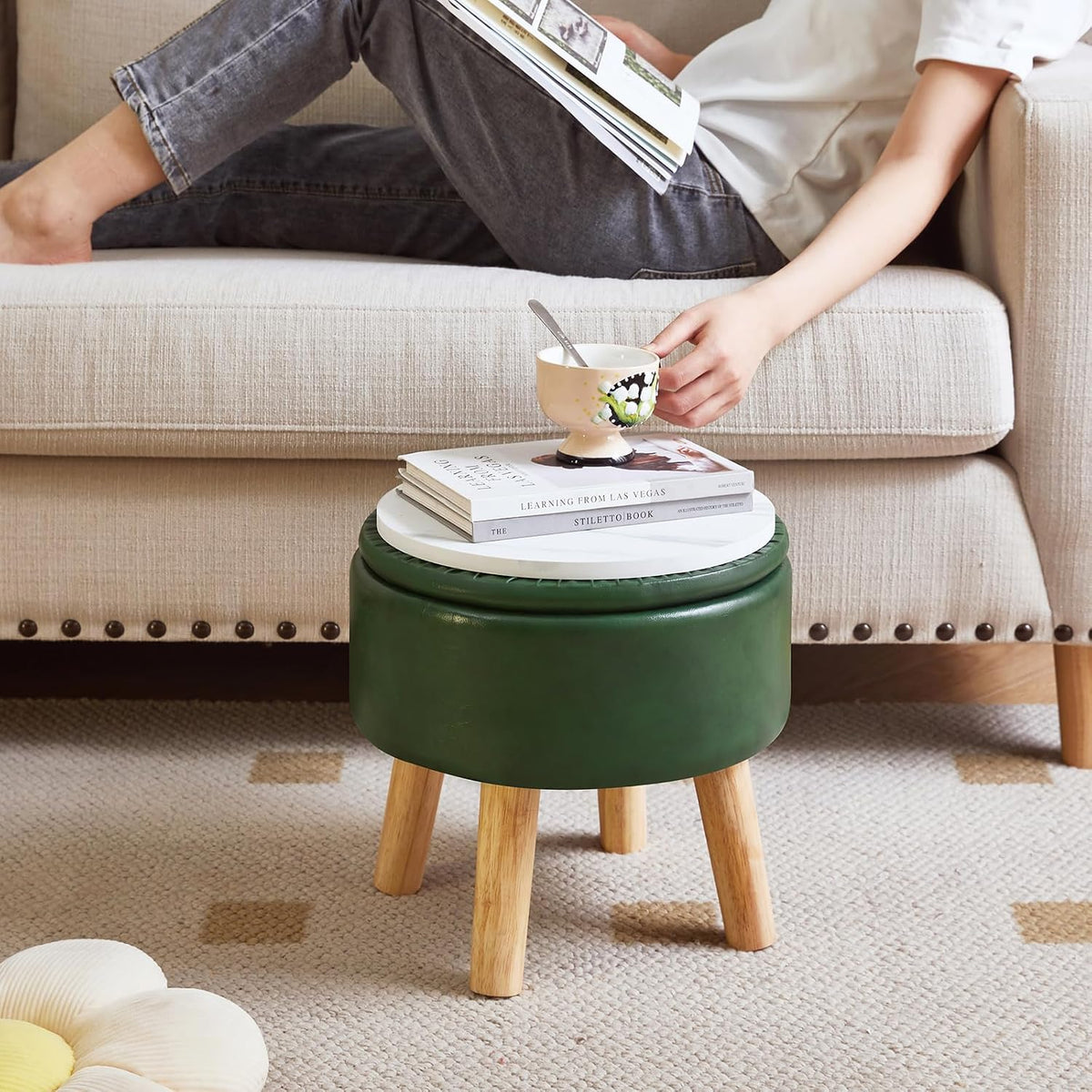 IBUYKE 13 Inch Foot Stool Ottoman with Storage, Round Small Foot Rest with Padded Seat and Wood Legs, PU Faux Leather Mini Footstool for Living Room Couch Bedroom Entryway, Dark-Green WBD023GR