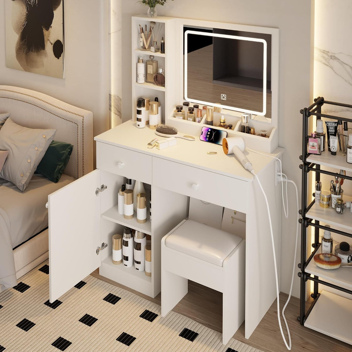 Dressing Table Set, Large Storage Space vanity with Mirror, Power Outlet, Makeup Vanity Bench with 2 Drawers Cushioned Stool for Beauty Storage & Cosmetics, Vintage Vanity Desk for Women (White)